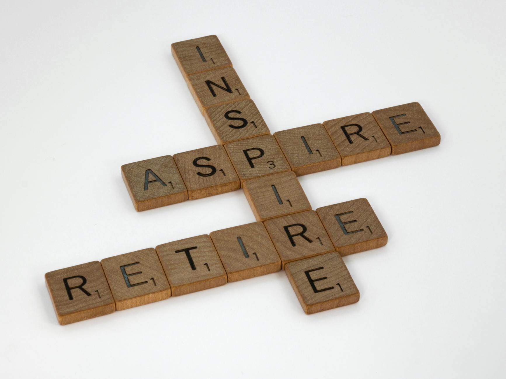 Kafelki Scrabble z angielskimi słowami inspire aspire retire na białym tle