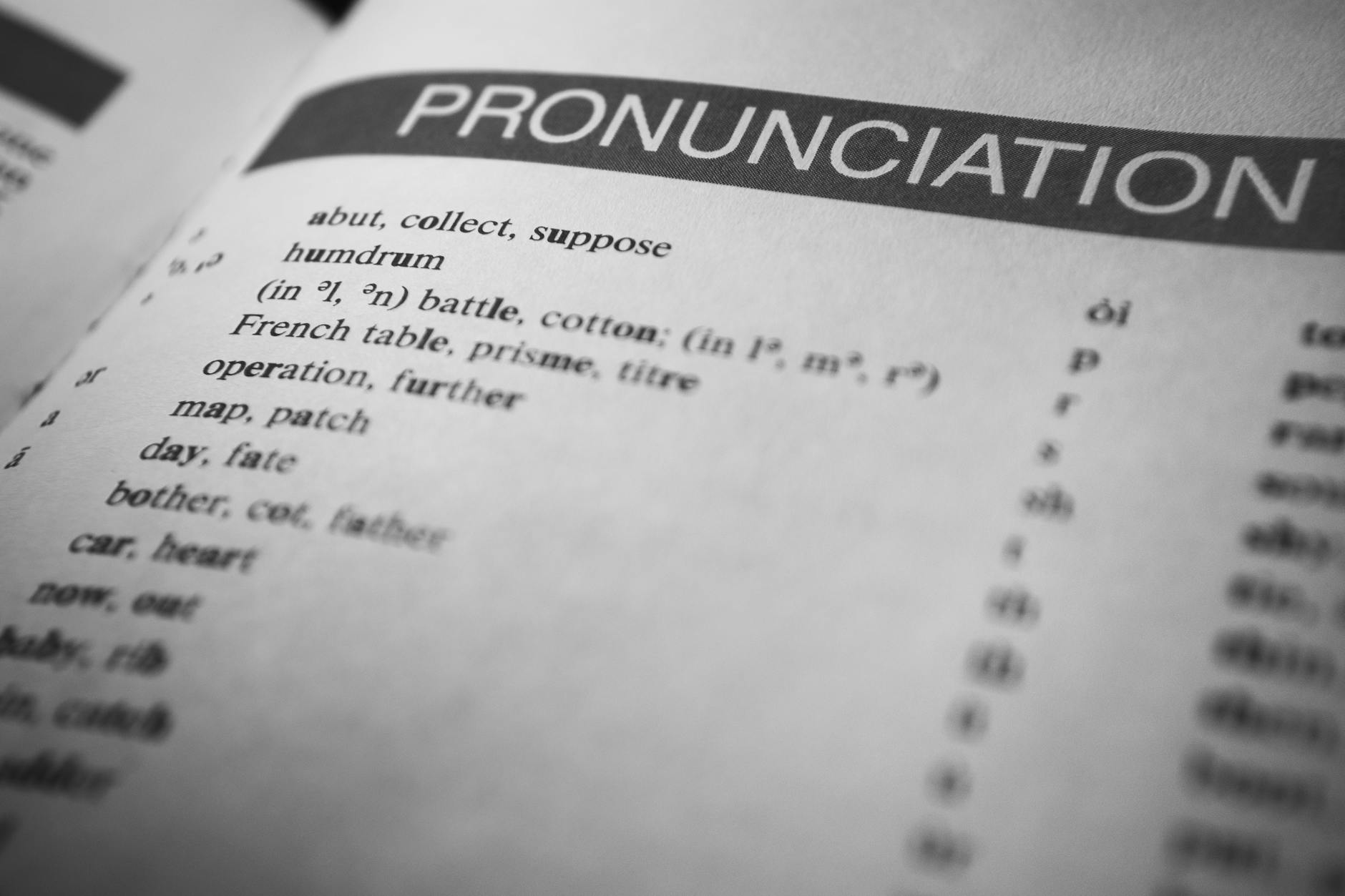 Zbliżenie na czarno-białą stronę słownika z symbolami fonetycznymi